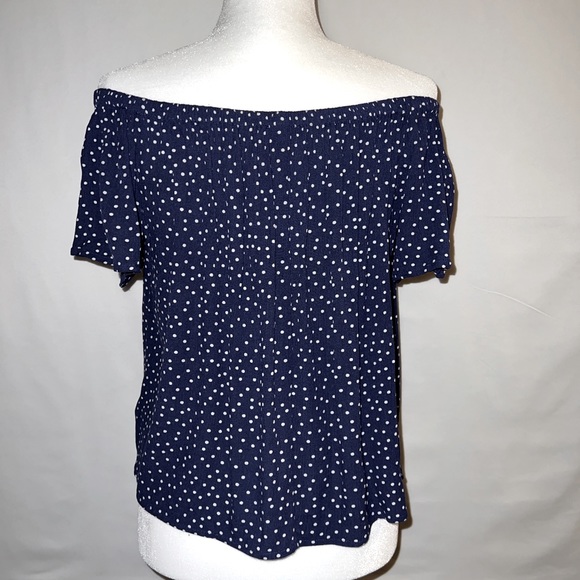 Express Off the Shoulder Blouse -Navy Blue with White Polka Dots Size: Medium - Picture 6 of 9